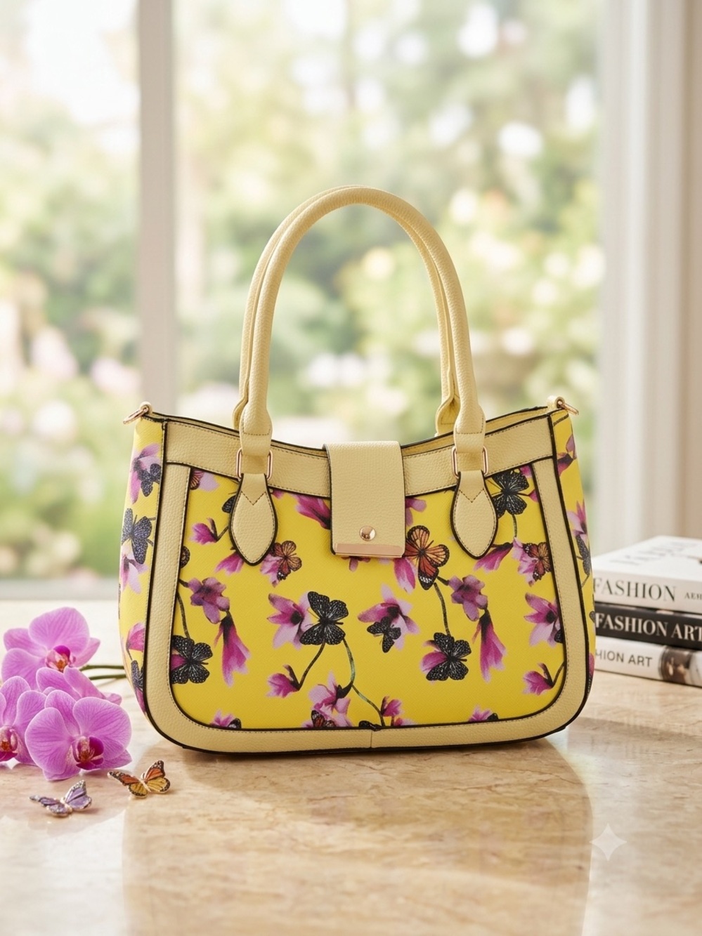 Floral Yellow Tote Handbag with Crossbody Strap NWT
